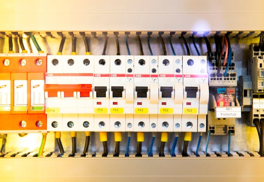 Tableau électrique ouvert, rangée de disjoncteurs et câblage repéré