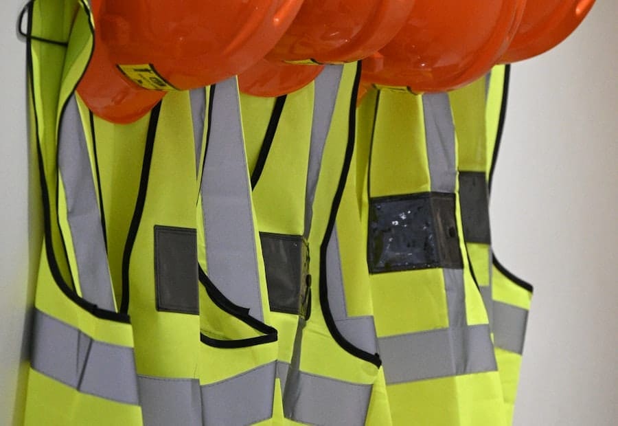 Casques de chantier et gilets haute visibilité rangés sur un râtelier